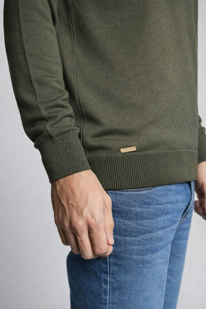 Sweater Hombre Basico Crewneck Verde Jaspe verde — suéter tejido sostenible unisex hecha en Colombia, detalle | Cíclico