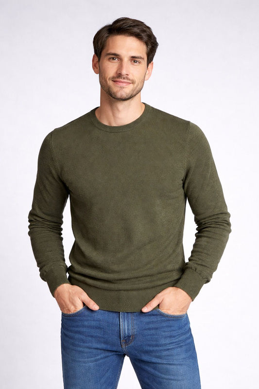 Sueter tejido básico Verde Jaspe verde — suéter tejido sostenible unisex hecha en Colombia, vista frontal | Cíclico