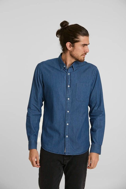 Camisa Jean Button Down Azul Medio